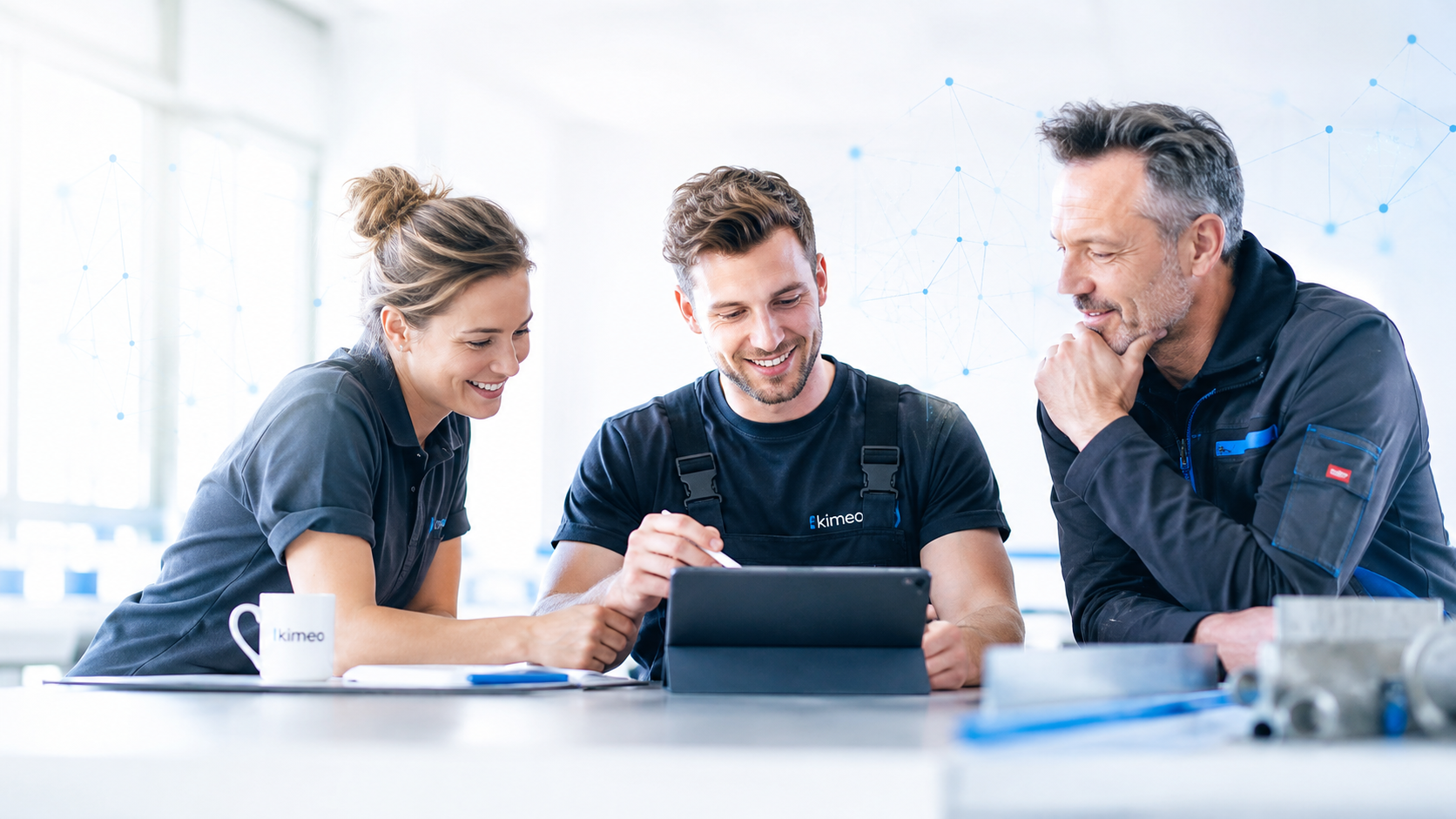 Handwerker arbeiten im KI-Führerschein-Training gemeinsam am Tablet